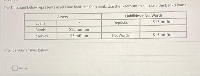 The T Account Below Represents Assets And Liabilities For A Bank Use The T Account To Calculate The Bank S Loans Asset 1