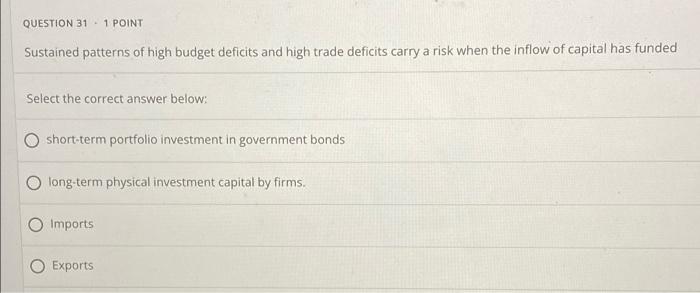 Question 31 1 Point Sustained Patterns Of High Budget Deficits And High Trade Deficits Carry A Risk When The Inflow Of C 1