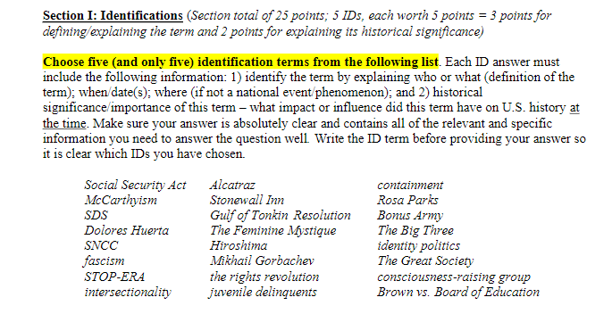 Section I Identifications Section Total Of 25 Points 5 Ids Each Worth 5 Points 3 Points For Defining Explaining Th 1
