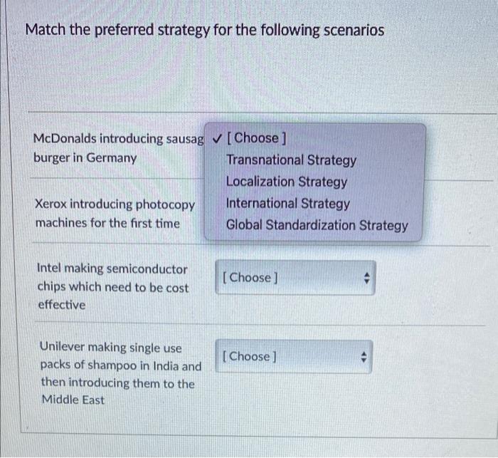 Match The Preferred Strategy For The Following Scenarios Mcdonalds Introducing Sausag Choose Burger In Germany Tran 1