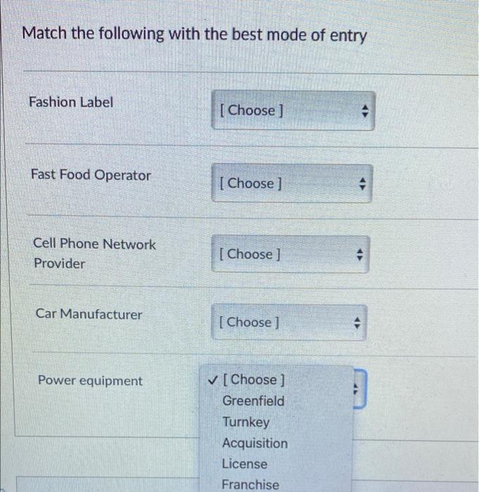 Match The Following With The Best Mode Of Entry Fashion Label Choose Fast Food Operator Choose Cell Phone Networ 1