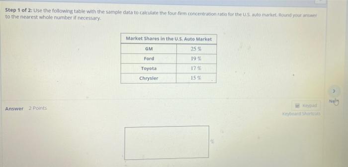Step 1 Of 2 Use The Following Table With The Sample Data To Calculate The Four Firm Concentration Ratio For The Us Auto 1