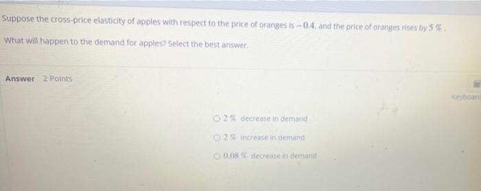 Suppose The Cross Price Elasticity Of Apples With Respect To The Price Of Oranges Is 0 4 And The Price Of Oranges Rises 1