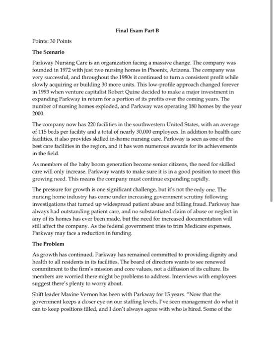 Final Exam Part B Points 30 Points The Scenario Parkway Nursing Care Is An Organization Facing A Massive Change The Co 1