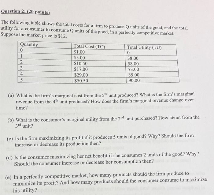 Question 2 20 Points The Following Table Shows The Total Costs For A Firm To Produce Q Units Of The Good And The Tot 1