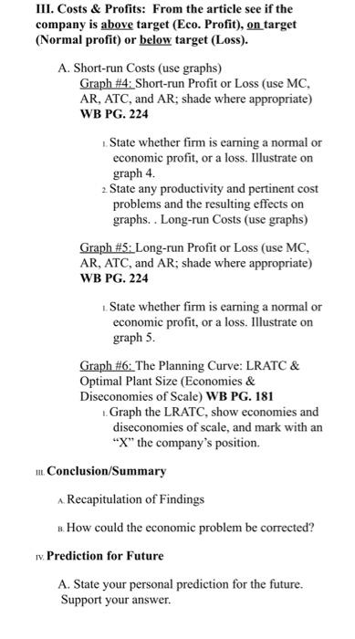 Iii Costs Profits From The Article See If The Company Is Above Target Eco Profit On Target Normal Profit Or Be 1