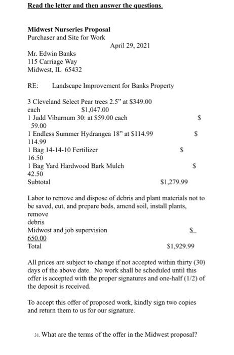 Read The Letter And Then Answer The Questions Midwest Nurseries Proposal Purchaser And Site For Work April 29 2021 Mr 1