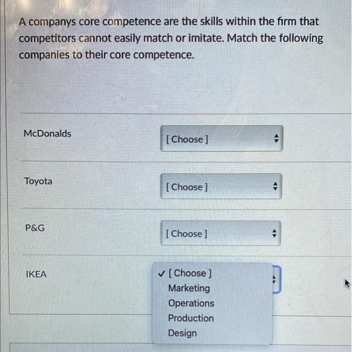A Companys Core Competence Are The Skills Within The Firm That Competitors Cannot Easily Match Or Imitate Match The Fol 1