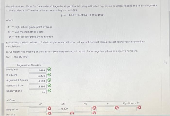 The Admissions Officer For Clearwater College Developed The Following Estimated Regression Equation Relating The Final C 1