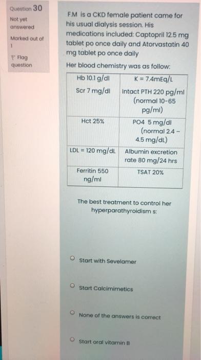 Question 30 Not Yet Answered Marked Out Of 1 Flog Question F M Is A Ckd Female Patient Came For His Usual Dialysis Sessi 1