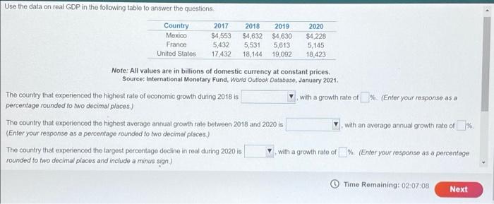 Use The Data On Real Gdp In The Following Table To Answer The Questions Country 2017 2018 2019 2020 Mexico 4 553 4 63 1
