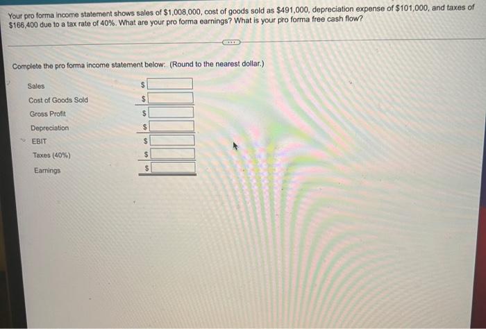 Your Pro Forma Income Statement Shows Sales Of 1 008 000 Cost Of Goods Sold As 491 000 Depreciation Expense Of 101 1