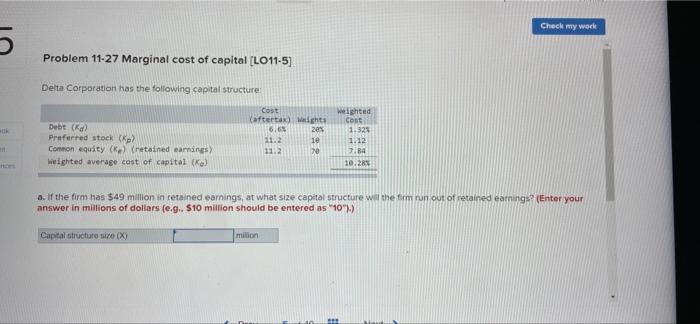 5 Wak Check My Work Problem 11 27 Marginal Cost Of Capital Lo11 5 Delta Corporation Has The Following Capital Structur 1