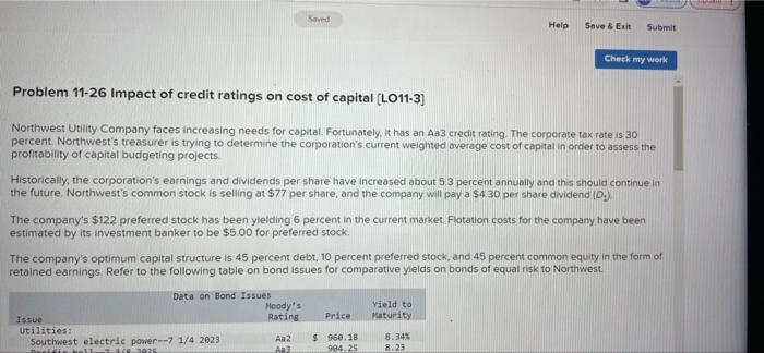 Saved Help Save Exit Submit Check My Work Problem 11 26 Impact Of Credit Ratings On Cost Of Capital Lo11 3 Northwest 1