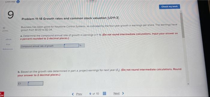 C 10 Chii Hw 9 Aw Check My Work Problem 11 18 Growth Rates And Common Stock Valuation Lo11 3 Business Has Been Good Fo 1