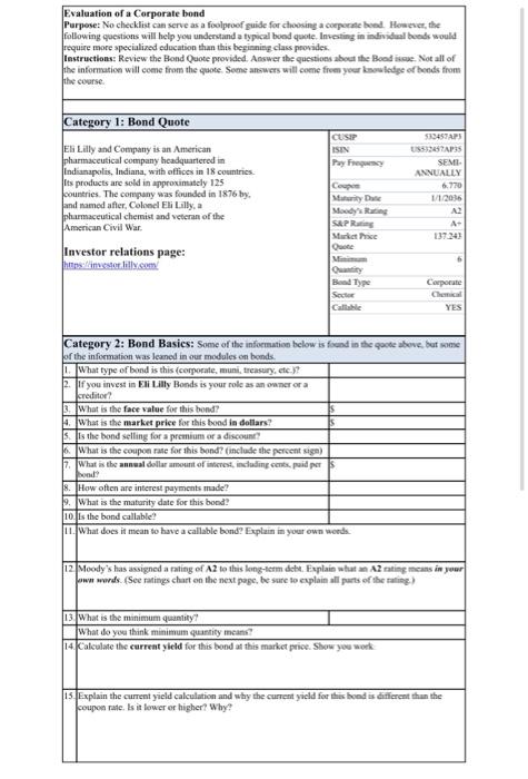 Evaluation Of A Corporate Bond Purpose No Checklist Can Serve As A Foolproof Guide For Choosing A Corporate Bond Howev 2