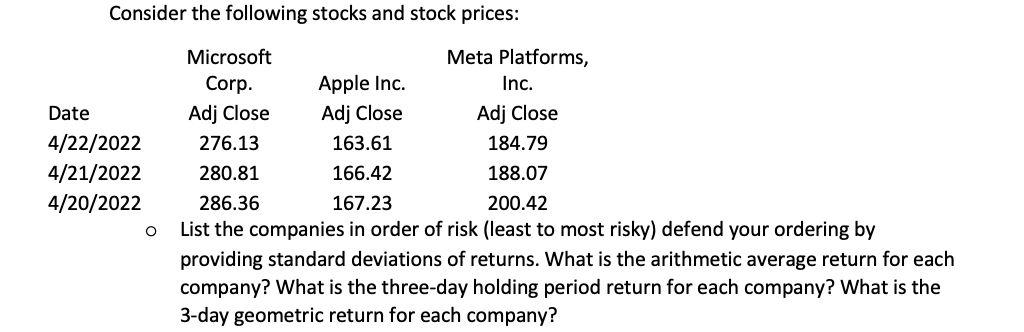 Consider The Following Stocks And Stock Prices Microsoft Meta Platforms Corp Apple Inc Inc Adj Close Adj Close Adj 1
