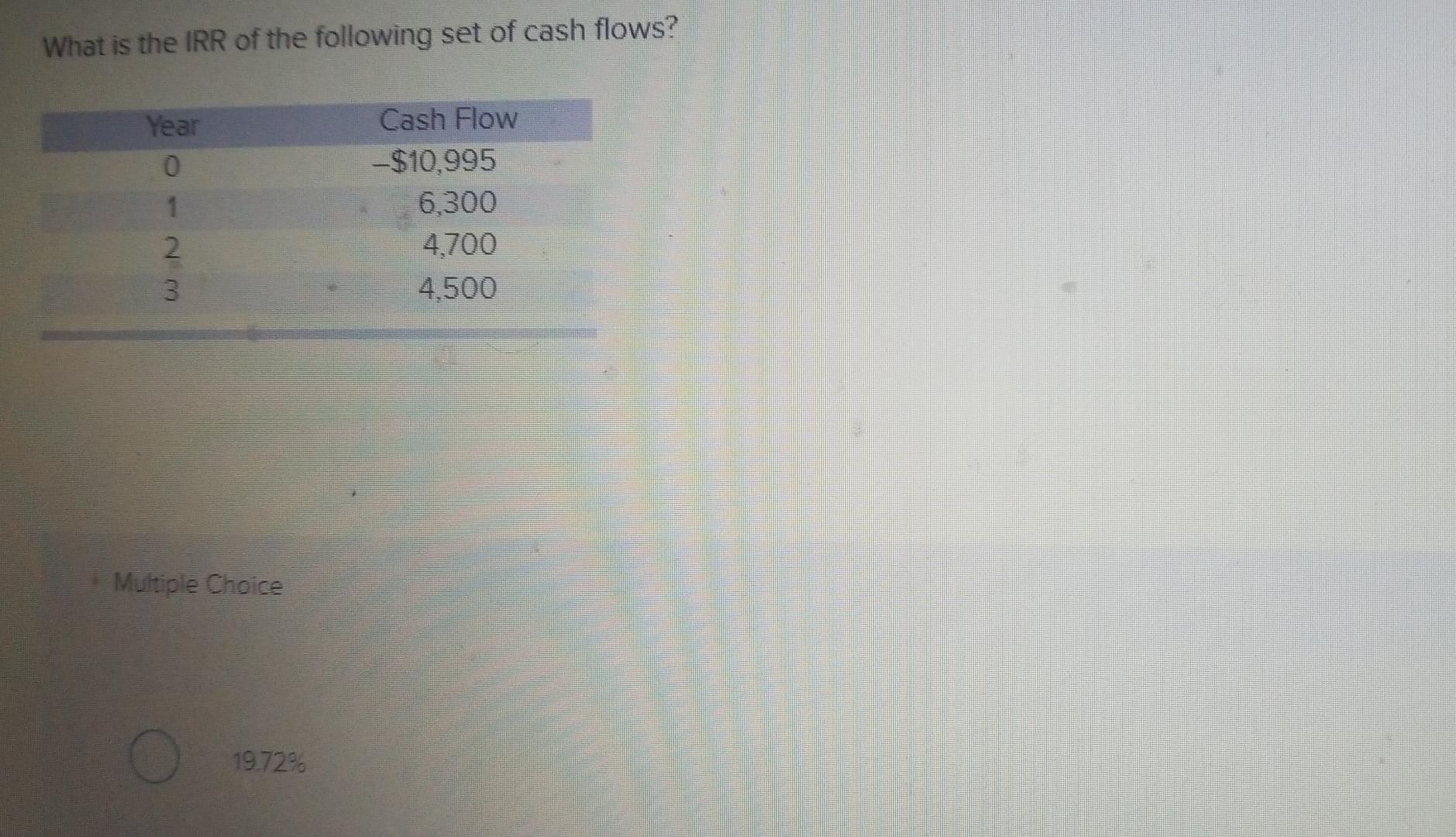 What Is The Irr Of The Following Set Of Cash Flows Year Cash Flow 0 10 995 1 6 300 2 4 700 3 4 500 Multiple Choice 19 1