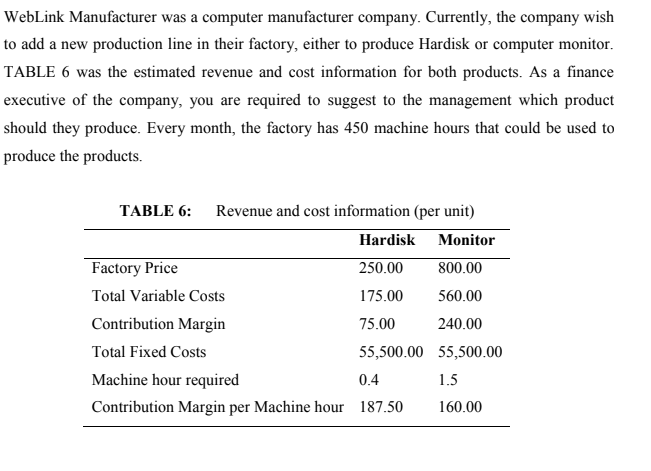 Weblink Manufacturer Was A Computer Manufacturer Company Currently The Company Wish To Add A New Production Line In Th 1