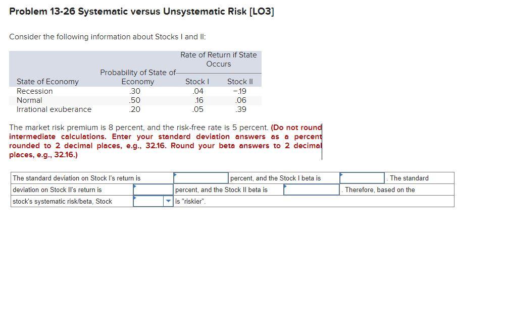 Problem 13 26 Systematic Versus Unsystematic Risk Lo3 Consider The Following Information About Stocks I And Ii Rate O 1