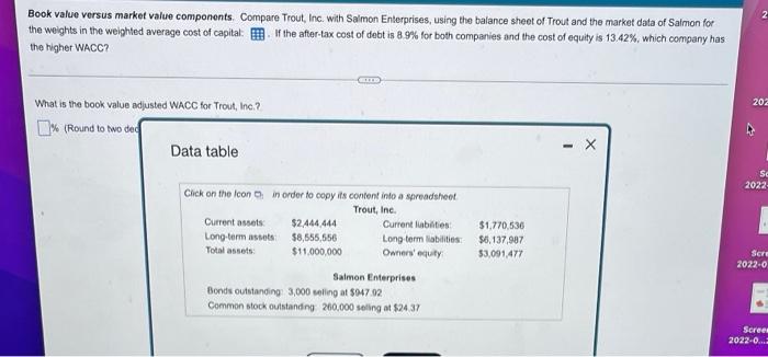 Book Value Versus Market Value Components Compare Trout Inc With Salmon Enterprises Using The Balance Sheet Of Trout 1