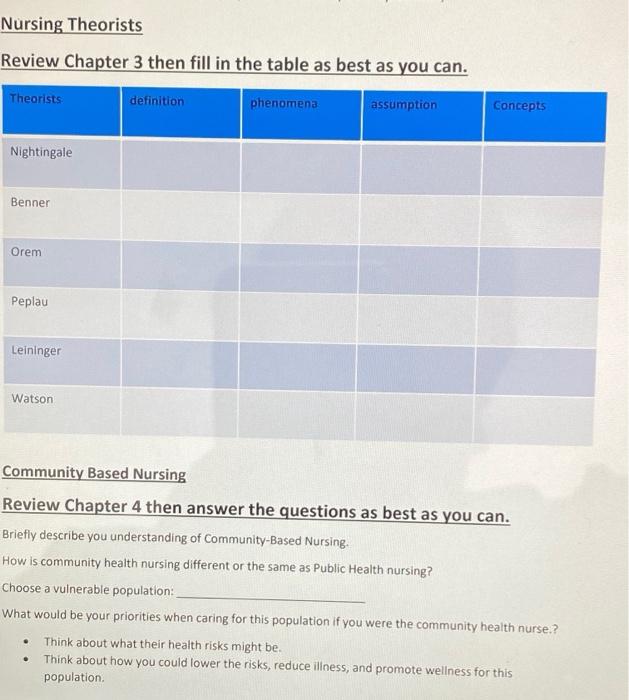 Present Your Work Nursing Theorists Review Chapter 3 Then Fill In The Table As Best As You Can Theorists Definition Ph 2