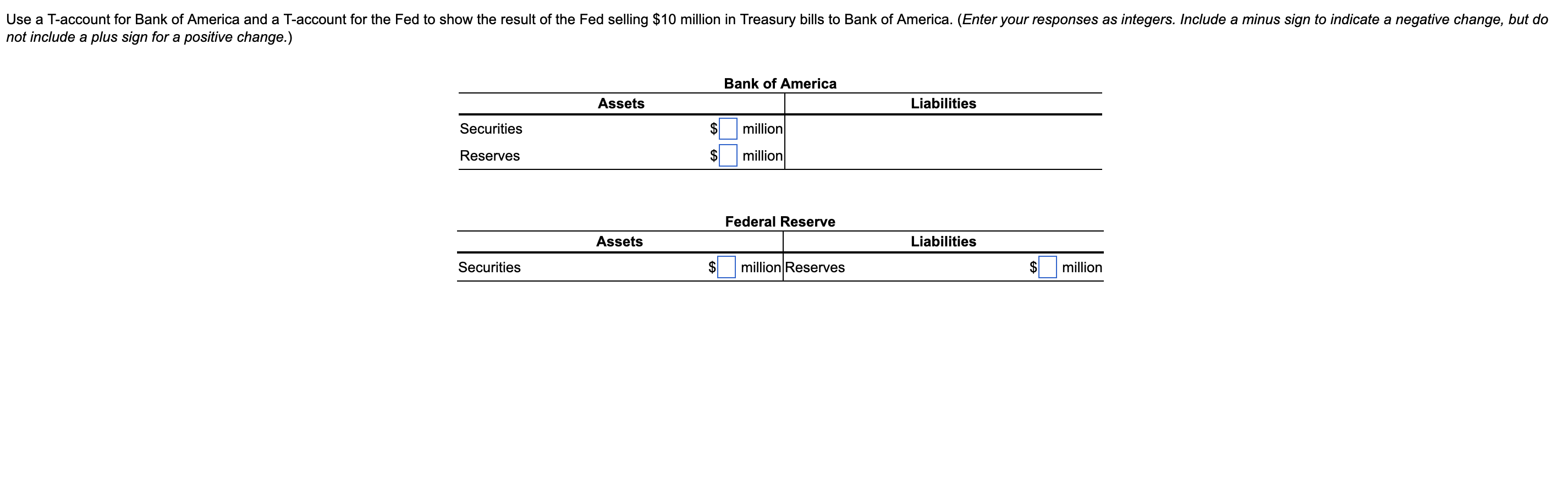 Use A T Account For Bank Of America And A T Account For The Fed To Show The Result Of The Fed Selling 10 Million In Tre 1
