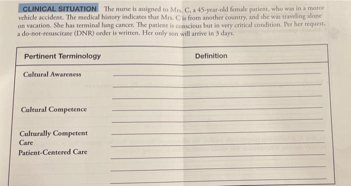 Clinical Situation The Nurse Is Assigned To Mrs C A 45 Year Old Female Patient Who Was In A Motor Vehicle Accident T 1