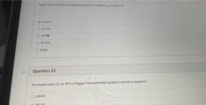 Taggart Transcontinental S Weighted Average Cost Of Capital Is Closest To 10 31 10 14 O9 44 O 10 75 O 8 32 Que 1