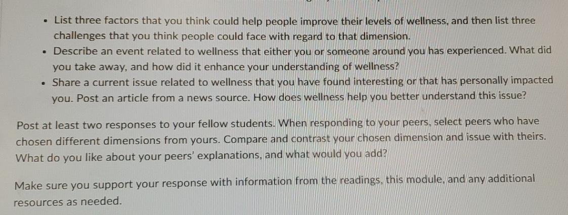 List Three Factors That You Think Could Help People Improve Their Levels Of Wellness And Then List Three Challenges T 1