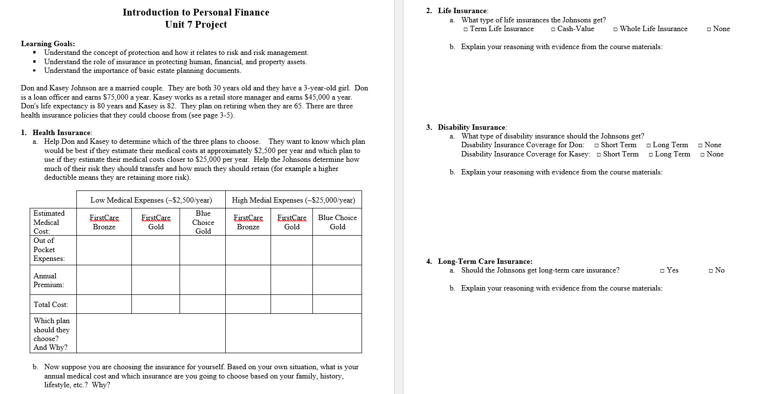 Introduction To Personal Finance Unit 7 Project Learning Goals Understand The Concept Of Protection And How It Relate 1