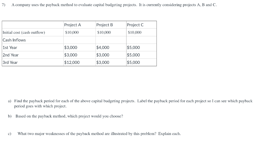 7 A Company Uses The Payback Method To Evaluate Capital Budgeting Projects It Is Currently Considering Projects A B A 1