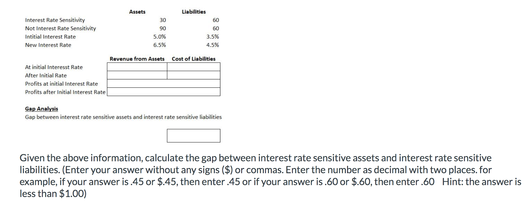 Assets Interest Rate Sensitivity 30 60 Not Interest Rate Sensitivity 90 60 Intitial Interest Rate 5 0 3 5 New Interest 1