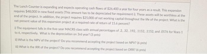 The Lunch Counter Is Expanding And Expects Operating Cash Flows Of 26 400 A Year For Four Years As A Result This Expan 1