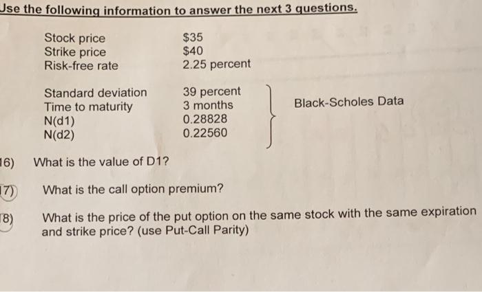 Use The Following Information To Answer The Next 3 Questions Stock Price Strike Price Risk Free Rate 35 40 2 25 Perce 1