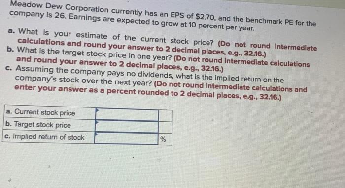 Meadow Dew Corporation Currently Has An Eps Of 2 70 And The Benchmark Pe For The Company Is 26 Earnings Are Expected 1