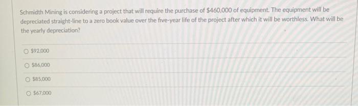 Schmidth Mining Is Considering A Project That Will Require The Purchase Of 460 000 Of Equipment The Equipment Will Be 1
