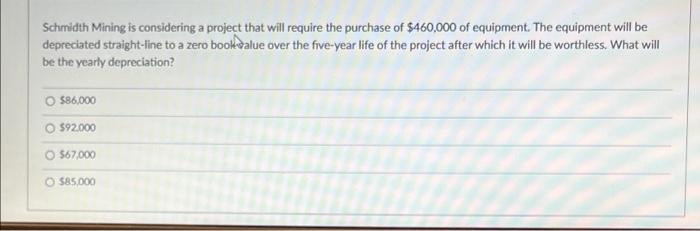 Schmidth Mining Is Considering A Project That Will Require The Purchase Of 460 000 Of Equipment The Equipment Will Be 1