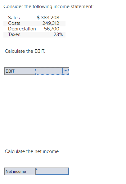 Consider The Following Income Statement Sales 383 208 249 312 Costs Depreciation 56 700 Taxes Calculate The Ebit Ebi 1