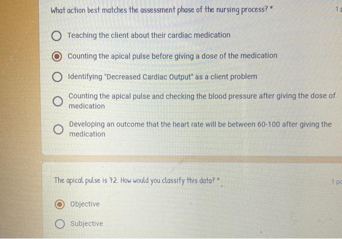 What Action Best Matches The Assessment Phase Of The Nursing Process 10 Teaching The Client About Their Cardiac Medic 1