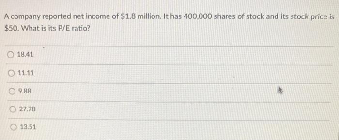 A Company Reported Net Income Of 1 8 Million It Has 400 000 Shares Of Stock And Its Stock Price Is 50 What Is Its P 1