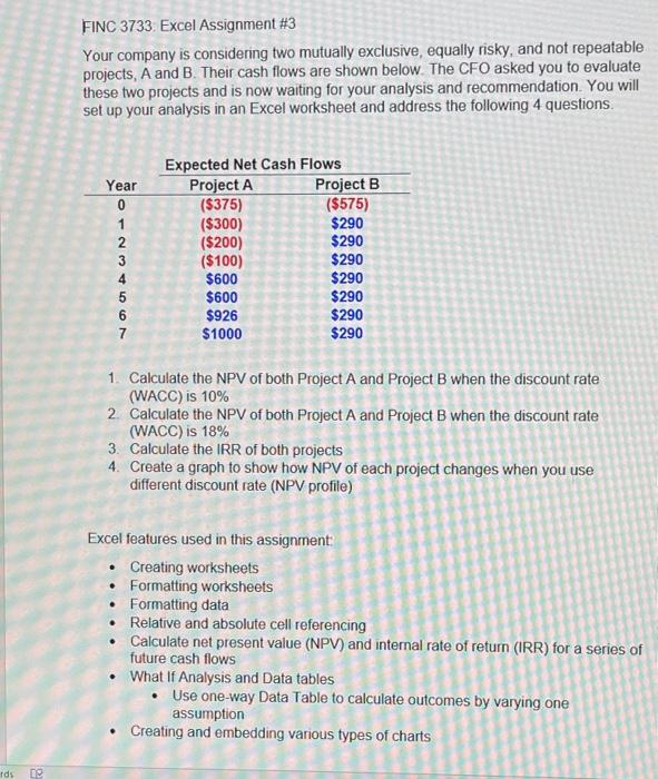 Rds 2 Do Finc 3733 Excel Assignment 3 Your Company Is Considering Two Mutually Exclusive Equally Risky And Not Repeat 1