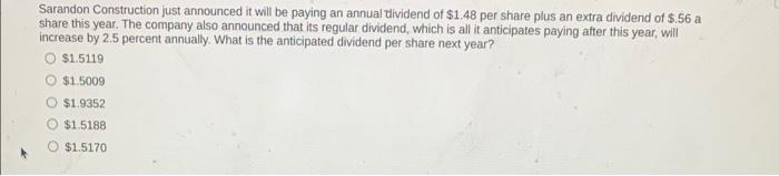 Sarandon Construction Just Announced It Will Be Paying An Annual Dividend Of 1 48 Per Share Plus An Extra Dividend Of 1