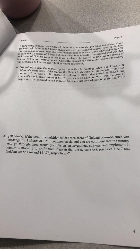 Name Page 4 The Weekend Johnson Johnson Announced A Revised Acquisition For 32 00 2 20 Points Suppose That Johnso 1