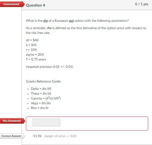 Unanswered You Answered Correct Answer Question 4 0 1 Pts What Is The Rho Of A European Put Option With The Following Pa 1