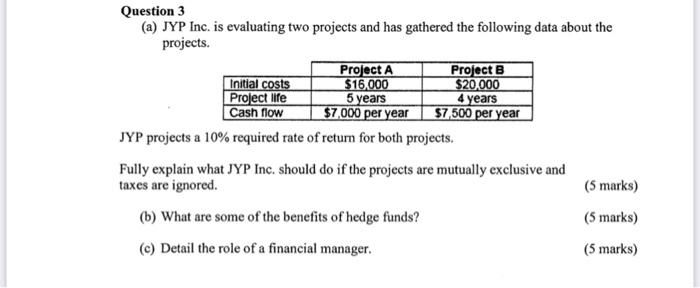 Question 3 A Jyp Inc Is Evaluating Two Projects And Has Gathered The Following Data About The Projects Project A Pro 1