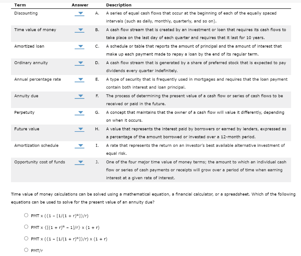 Term Description Discounting A A Series Of Equal Cash Flows That Occur At The Beginning Of Each Of The Equally Spaced I 1