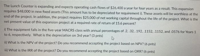 The Lunch Counter Is Expanding And Expects Operating Cash Flows Of 26 400 A Year For Four Years As A Result This Expan 1