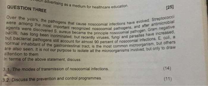 Avertising As A Medium For Healthcare Education Question Three 25 Over The Years The Pathogens That Cause Nosocomial 1