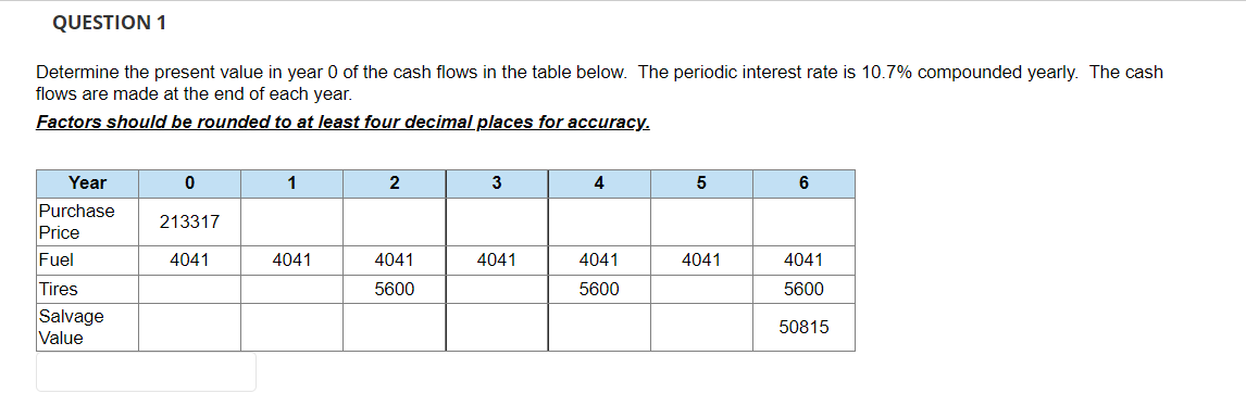 Question 1 Determine The Present Value In Year 0 Of The Cash Flows In The Table Below The Periodic Interest Rate Is 10 1